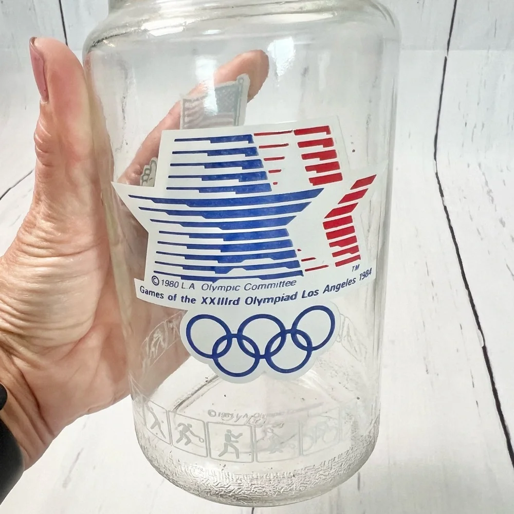 Vintage 1984 Los Angeles Olympics M&M Glass Candy Jar Anchor Hocking Lid